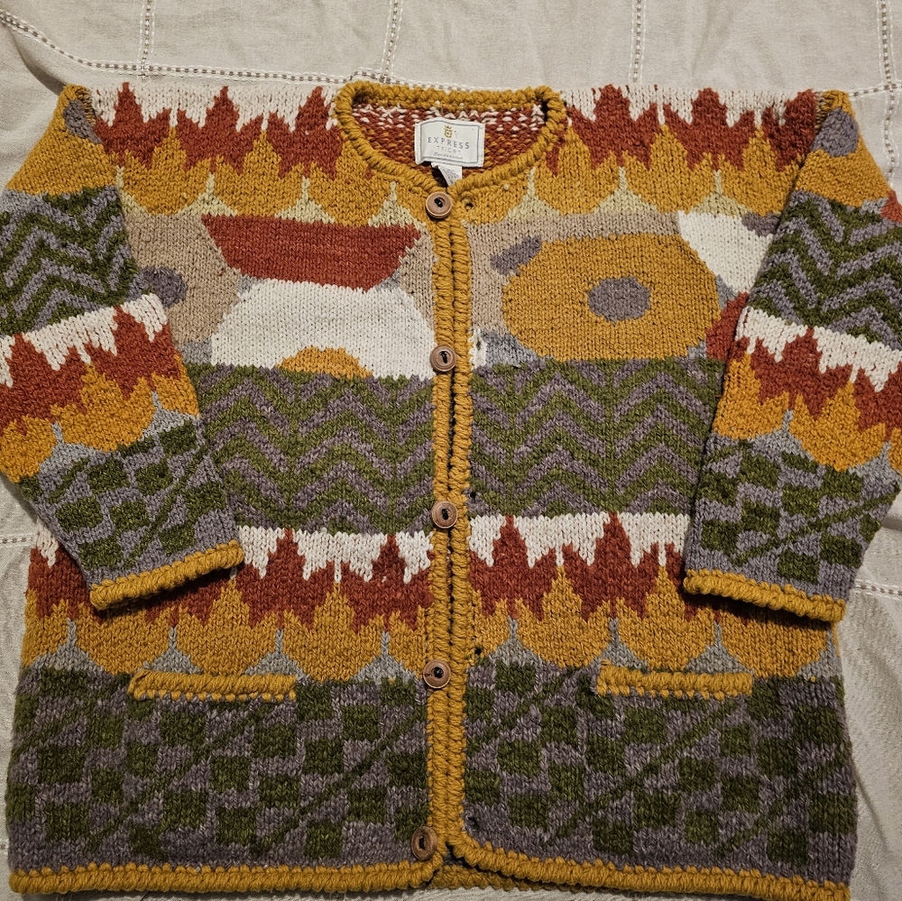 Vintage Express Tricot 100% Wool Hand Knit Cardigan Pockets M/L